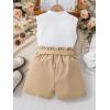 imageFloerns Girls 2 Piece Outfit Ruffle Trim Tee Top with Paperbag Waist Shorts SetWhite and Khaki
