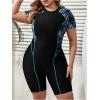 imageFloerns Womens Plus Size Colorblock Full Zip Short Sleeve One Piece SwimsuitBlue