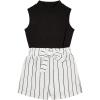 imageFloerns Girls 2 Piece Outfit Ruffle Trim Tee Top with Paperbag Waist Shorts SetBlack Striped