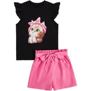 imageFloerns Girls 2 Piece Outfit Ruffle Trim Tee Top with Paperbag Waist Shorts SetBlack Cat