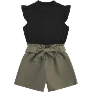imageFloerns Girls 2 Piece Outfit Ruffle Trim Tee Top with Paperbag Waist Shorts SetBlack Green