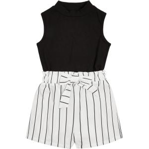 imageFloerns Girls 2 Piece Outfit Ruffle Trim Tee Top with Paperbag Waist Shorts SetBlack Striped