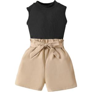 imageFloerns Girls 2 Piece Outfit Ruffle Trim Tee Top with Paperbag Waist Shorts SetBlack and Khaki