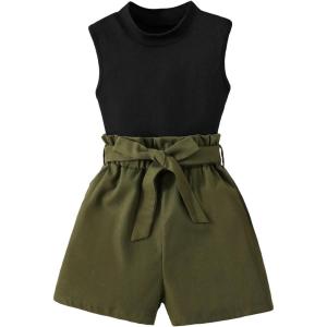 imageFloerns Girls 2 Piece Outfit Ruffle Trim Tee Top with Paperbag Waist Shorts SetGreen and Black
