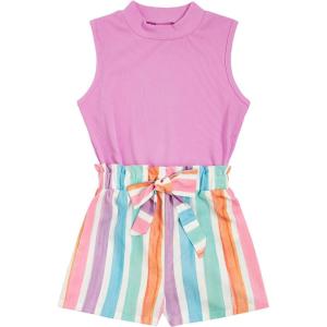 imageFloerns Girls 2 Piece Outfit Ruffle Trim Tee Top with Paperbag Waist Shorts SetPink Multi