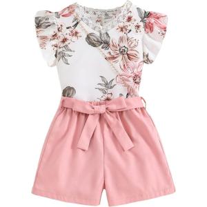imageFloerns Girls 2 Piece Outfit Ruffle Trim Tee Top with Paperbag Waist Shorts SetWhite Floral Multi