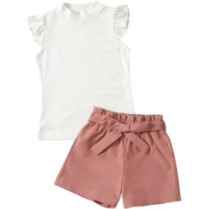 imageFloerns Girls 2 Piece Outfit Ruffle Trim Tee Top with Paperbag Waist Shorts SetWhite Pink Multi