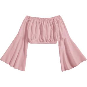 imageFloerns Girls Off The Shoulder Flounce Long Sleeve Ruched Blouse Crop TopsDusty Pink