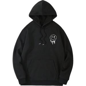 imageFloerns Mens Graphic Print Long Sleeve Drawstring Hoodie Pullover SweatshirtBlack White Cartoon