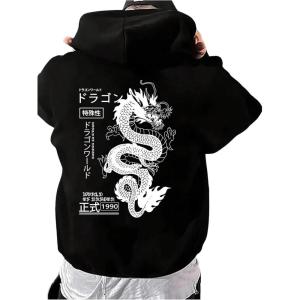 imageFloerns Mens Graphic Print Long Sleeve Drawstring Hoodie Pullover SweatshirtBlack White Dragon