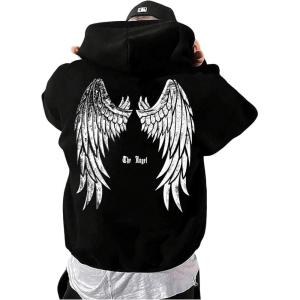 imageFloerns Mens Graphic Print Long Sleeve Drawstring Hoodie Pullover SweatshirtBlack White Wing