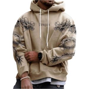 imageFloerns Mens Graphic Print Long Sleeve Drawstring Hoodie Pullover SweatshirtKhaki Dragon