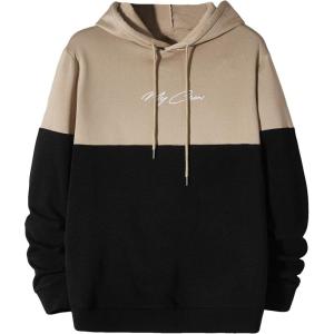 imageFloerns Mens Graphic Print Long Sleeve Drawstring Hoodie Pullover SweatshirtKhaki and Black