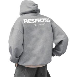 imageFloerns Mens Graphic Print Long Sleeve Drawstring Hoodie Pullover SweatshirtPale Grey
