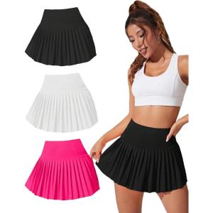imageFloerns Womens 3 Pcs High Waisted Pleated Athletic Golf Skorts Workout Sports SkirtsBlack White Pink
