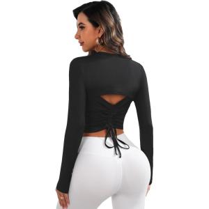 imageFloerns Womens Active Cut Out Back Long Sleeve Drawstring Ruched Sports Tee ShirtBlack