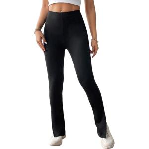 imageFloerns Womens High Waist Split Slit Hem Stretchy Rib Knit Leggings PantsPure Black