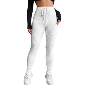 imageFloerns Womens High Waist Split Slit Hem Stretchy Rib Knit Leggings PantsWhite