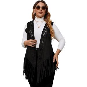 imageFloerns Womens Plus Size Laser Cut Out Sleeveless Open Front Fringe Vest CoatBlack