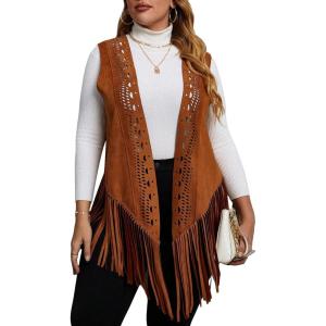 imageFloerns Womens Plus Size Laser Cut Out Sleeveless Open Front Fringe Vest CoatBrown
