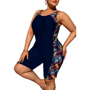 imageFloerns Womens Plus Size One Piece Swimsuit Colorblock Scoop Neck Shorts MonokiniNavy Blue Tropical