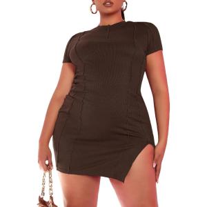 imageFloerns Womens Plus Size Short Sleeve Split Hem Party Bodycon Mini DressCoffee Brown