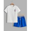 imageFloerns Mens 2 Piece Tracksuit Slogan Print Tee Shirt Drawstring Waist Shorts SetBlue and White