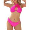 imageFloerns Womens 2 Piece Bikini Set Cut Out Front Floral Appliques Halter SwimwearPink