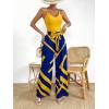 imageFloerns Womens 2 Piece Outfit Cami Top with Printed Belted Wide Leg Pants SetYellow and Blue