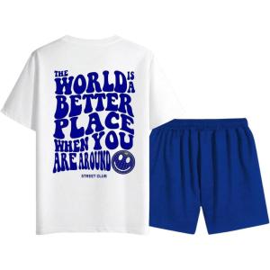 imageFloerns Mens 2 Piece Tracksuit Slogan Print Tee Shirt Drawstring Waist Shorts SetBlue