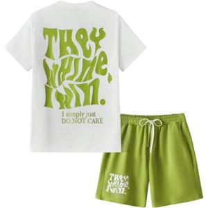imageFloerns Mens 2 Piece Tracksuit Slogan Print Tee Shirt Drawstring Waist Shorts SetGreen