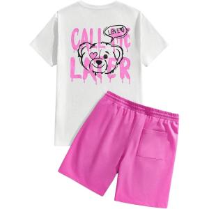 imageFloerns Mens 2 Piece Tracksuit Slogan Print Tee Shirt Drawstring Waist Shorts SetPink and White
