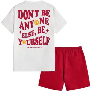 imageFloerns Mens 2 Piece Tracksuit Slogan Print Tee Shirt Drawstring Waist Shorts SetRed