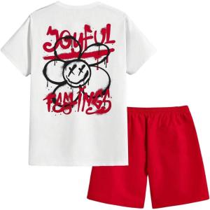 imageFloerns Mens 2 Piece Tracksuit Slogan Print Tee Shirt Drawstring Waist Shorts SetRed and White