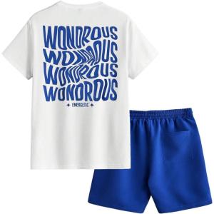 imageFloerns Mens 2 Piece Tracksuit Slogan Print Tee Shirt Drawstring Waist Shorts SetRoyal Blue