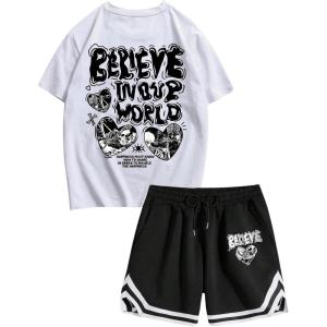 imageFloerns Mens 2 Piece Tracksuit Slogan Print Tee Shirt Drawstring Waist Shorts SetWhite and Black