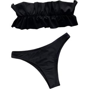 imageFloerns Womens Bathing Suit Ruffle Trim Ruched Bust Bandeau Bikini Swimsuit Black S