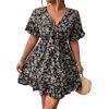 imageFloerns Womens Plus Size Wrap V Neck Short Sleeve Ruffle Hem A Line Short DressBlack Plant