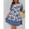 imageFloerns Womens Plus Size Wrap V Neck Short Sleeve Ruffle Hem A Line Short DressBlue White Flower