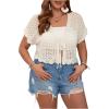 imageFloerns Womens Plus Size Crochet Hollow Out Tie Front Scallop Trim Crop Cardigan SweaterBeige