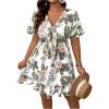 imageFloerns Womens Plus Size Wrap V Neck Short Sleeve Ruffle Hem A Line Short DressWhite and Green