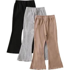 imageFloerns Girls 3 Pcs Elastic Waist Lettuce Trim Bell Bottom Flare Leg PantsBlack Khaki Grey