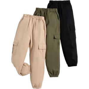 imageFloerns Girls 3 Pcs Solid Elastic Waist Running Flap Pocket Cargo PantsBlack Green Khaki