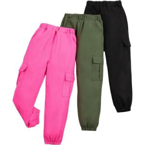 imageFloerns Girls 3 Pcs Solid Elastic Waist Running Flap Pocket Cargo PantsPink Multi