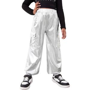 imageFloerns Girls Slant Pocket Elastic Waist Metallic Streetwear Jogger Cargo PantsSilver
