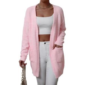 imageFloerns Womens Dual Pocket Long Sleeve Drop Shoulder Open Front Cardigan SweaterLight Pink