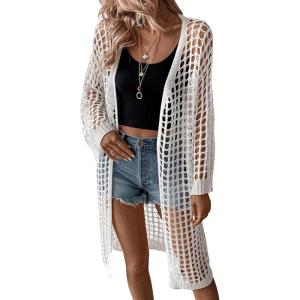 imageFloerns Womens Hollow Out Drop Shoulder Cardigan Open Front Long Sleeve Knit TopBeige