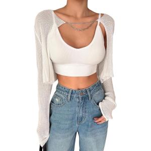imageFloerns Womens Long Sleeve Open Front Cardigan Sweater Crop Top White Medium