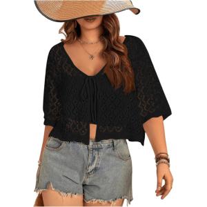 imageFloerns Womens Plus Size Crochet Half Sleeve Tie Front Knitted Sheer Cropped CardigansBlack