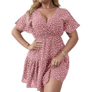imageFloerns Womens Plus Size Wrap V Neck Short Sleeve Ruffle Hem A Line Short DressA Dusty Pink